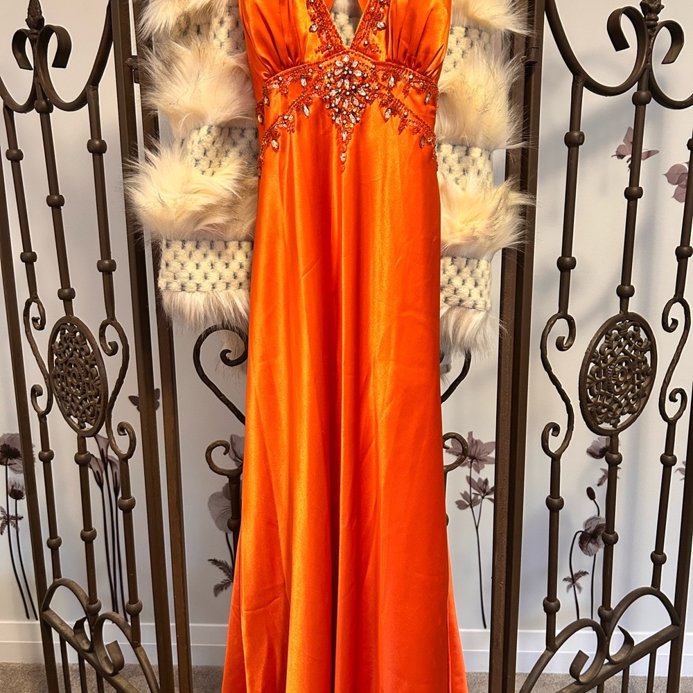 Elegant Orange Gown with Beaded Details by Dave & Johnny